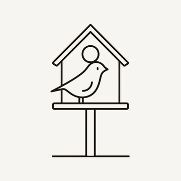 A bird sitting on a charming lopsided birdhouse line art