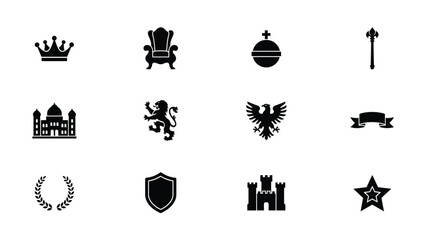 Black and white royal and heraldic symbols collection on neutral background with high contrast selection nine distinct traditional symbols with symbols © Suranjana