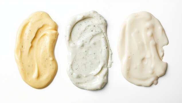 Isolated mayonnaise or salad dressing. Top view of yogurt, cream, or mayonnaise spread. Flat lay.