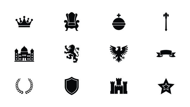 Black and white royal and heraldic symbols collection on neutral background with high contrast selection nine distinct traditional symbols with symbols