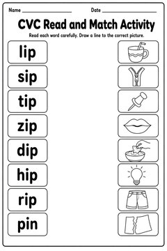 Phonics cvc word matching worksheet for early learners featuring words like lip, sip, tip, zip, dip, hip, rip, and pin