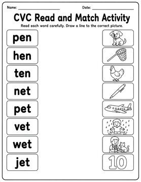 Phonics cvc word matching worksheet for elementary students featuring pen, hen, ten, net, pet, vet, wet, and jet vocabulary