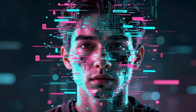 glitch code portrait face fragments breaking reassembling