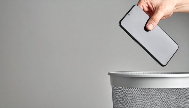 Close up hand putting smartphone into plastic basket on a grey background. Dependance and digital detox concept.