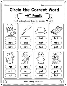Phonics worksheet for early learners to practice at family words by circling the correct word matching the