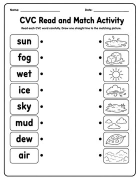Phonics worksheet for kids with cvc read and match activity including words like sun, fog, wet, ice, sky, mud, dew, and air
