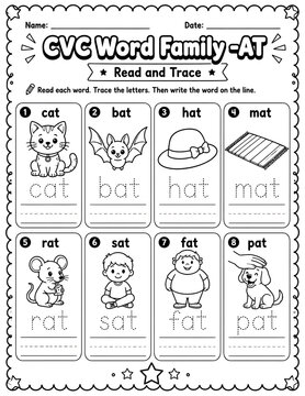 Read and trace cvc word family at educational worksheet for kids featuring eight of cat, bat, hat, mat, rat, sat