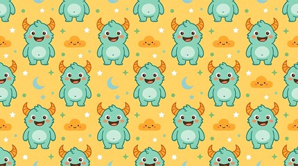 Cute blue monster seamless pattern on yellow background