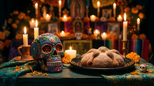 Day of the dead altar with sugar skull pan de muerto and candles mexican tradition display