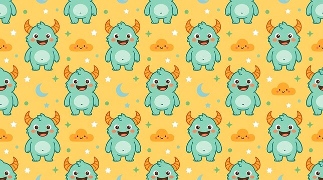 Cute blue monster seamless pattern on yellow background