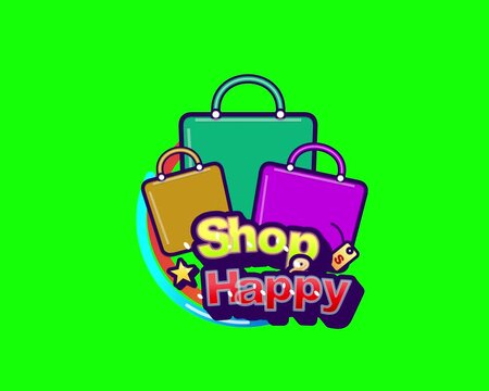Animated colorful shopping bags sliding in with Shop and Happy text sliding up on a green screen chroma key background for retail ecommerce discount sale promotion marketing campaign video.