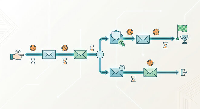 CRM journey: automated drip campaign nurtures segments; triggers, if‑then paths, reactivation.