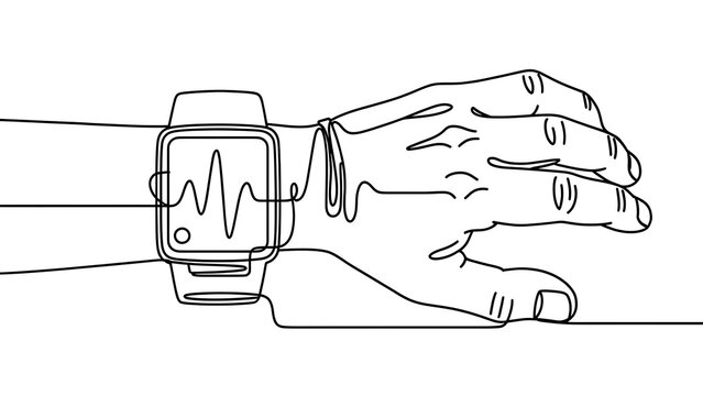 Hand wearing smartwatch with heartbeat display white background.
