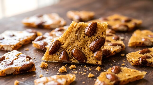 Delicious crunchy brittle candy pieces topped with whole almonds scattered on a rustic wooden surface creating a tempting sweet treat perfect for culinary and food related projects showcasing