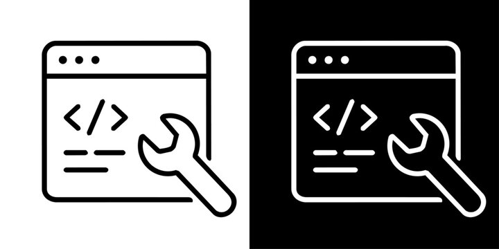 デバッグ作業を表すWeb画面と工具の線画アイコン