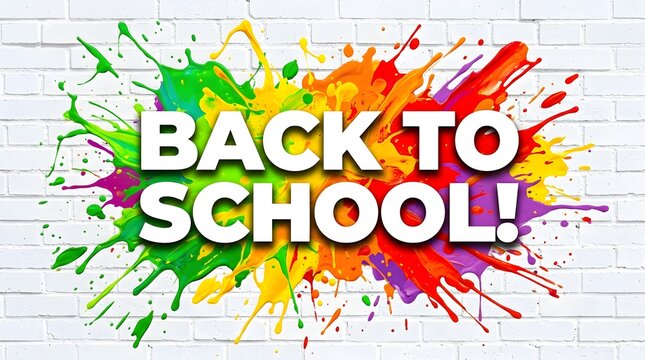 Vibrant back to school splash colorful paint splatter on white brick wall for educational promotions