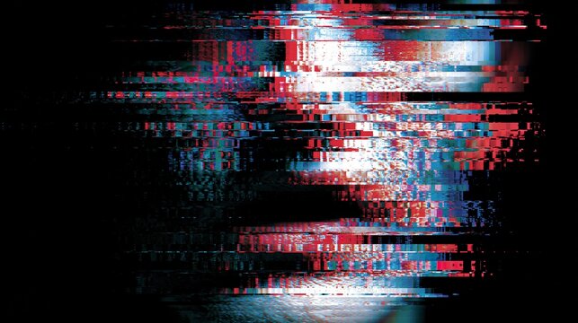 Abstract glitching digital face pattern distorted with red and cyan static lines.