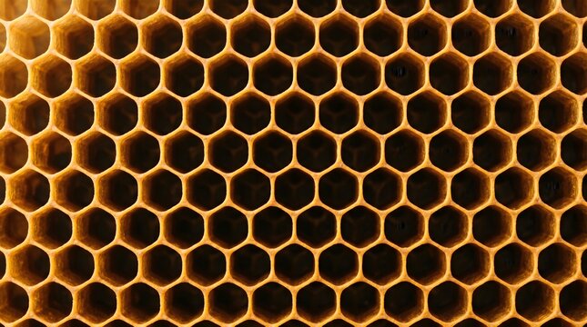 Natural honeycomb texture background, golden beeswax hexagonal pattern, organic bee hive structure close up, geometric honey cell abstract