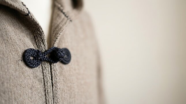 Macro view of a braided toggle closure on a beige linen jacket