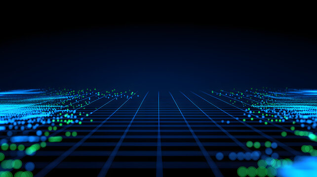 Blue and green digital particles flowing over a dark grid background data network technology abstract