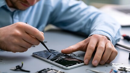 Fototapeta premium A person carefully repairing a cracked smartphone screen using precision tools on a clean work surface