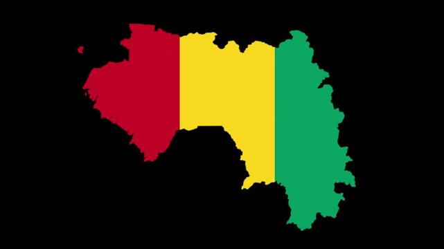 Guinea map pop animation with flag colors and black background