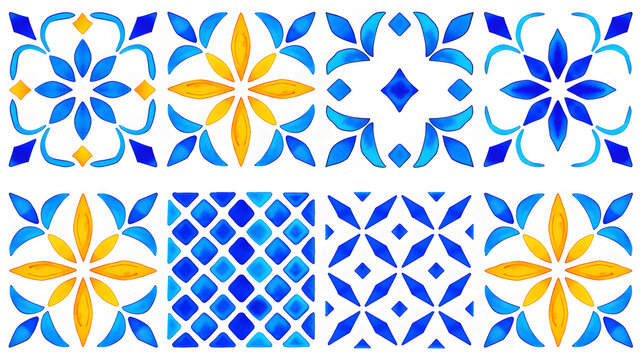Blue and yellow watercolor floral and geometric tile patterns