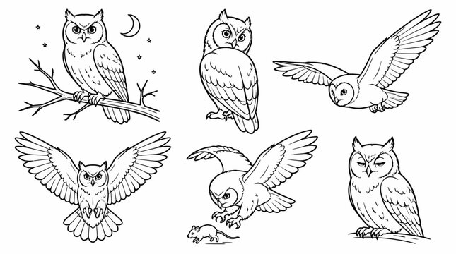 Set of Hand-Drawn Owls in Various Poses, Monochrome Vector Illustration