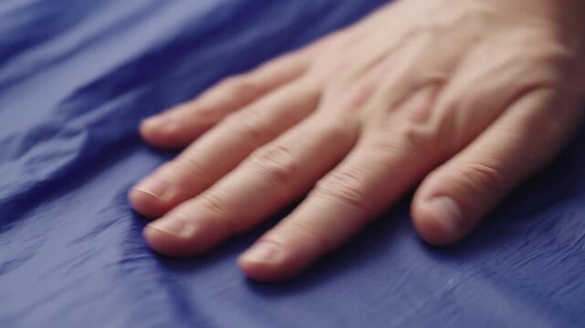 Slow motion man hand checking blue synthetic bag fabric