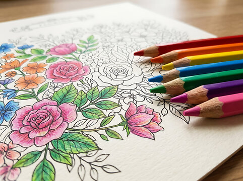 A close up view of colorful pencils next to a floral coloring book page.