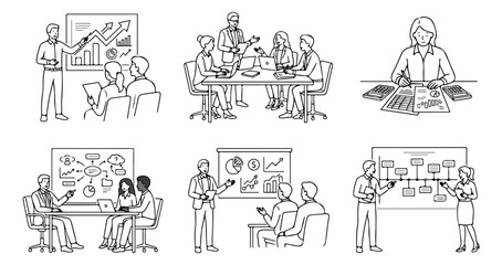 Obraz premium Minimalist business people line art set, professional office meeting and presentation vector illustrations, corporate teamwork and data analysis sketches