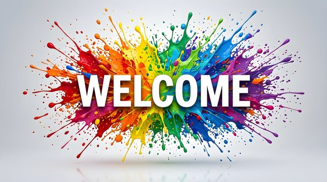 Vibrant paint splash with 'welcome' text colorful explosion for events and positive messaging