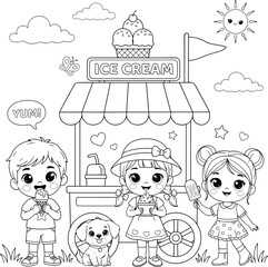 Kawaii coloring page of happy children at an ice cream cart, cute kids eating frozen treats line art, summer outdoor scene vector illustration