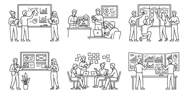 Business team collaboration line art set, professional office workflow and data analysis scenes, corporate meeting and project management vector illustrations