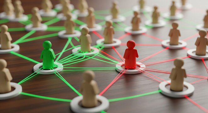 Group of wooden figures connected through a web of lines, symbolizing networking, community and shared relationships