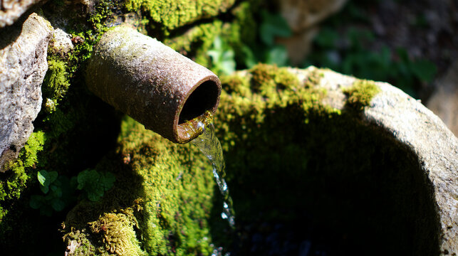 Artesian spring. Macro shot of an aged moss-covered stone well spout with running water pouring into a stone trough. 