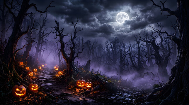 Halloween pumpkins glowing in eerie haunted forest at night. Spooky jack-o'-lanterns illuminating misty woods with full moon backdrop.