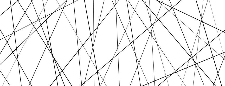 Straight chaotic random lines background. Intersecting black lines on a white background