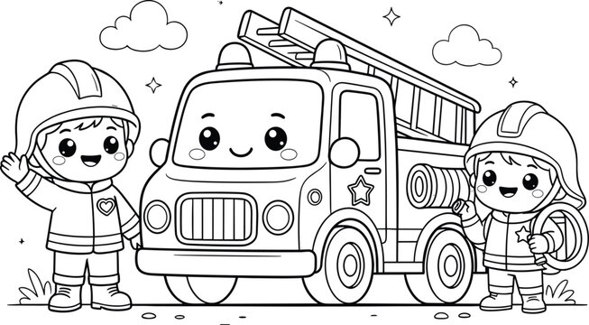 Cute firefighter coloring page for kids, cartoon fire truck with little firemen characters, black and white outline vector illustration for children
