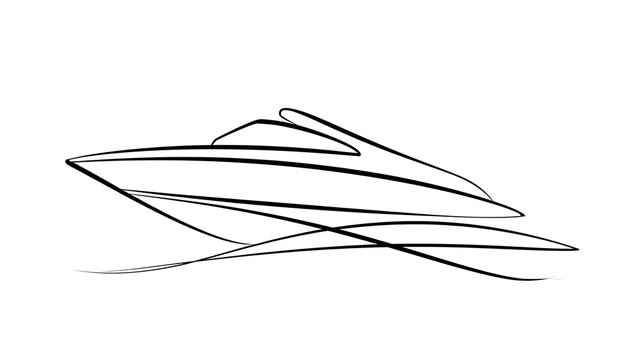 Minimalist speedboat line art white background.