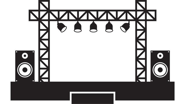 A modern vector stage illustration featuring a truss structure, hanging stage lights, large speakers, and a central performance platform. Ideal for music event branding, party invitations, and concert
