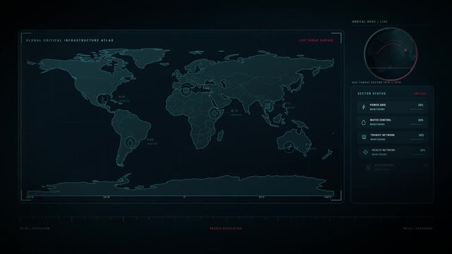 World map cyberattack visualization with global network breach spreading to a system lockdown