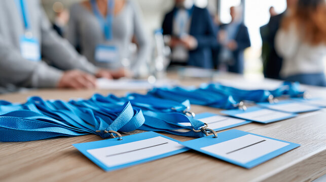 Blank conference name tags with blue lanyards on registration desk with blurred business people networking in background, corporate event registration concept, photography,
