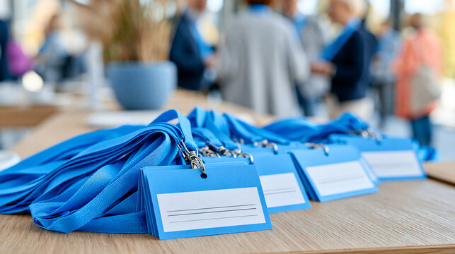 Blank conference name tags with blue lanyards on registration desk with blurred business people networking in background, corporate event registration concept, photography,