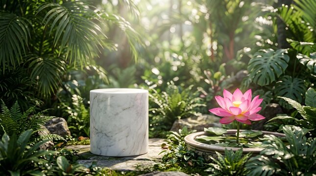Zen garden scene with pink lotus flower and marble pedestal in lush tropical foliage
