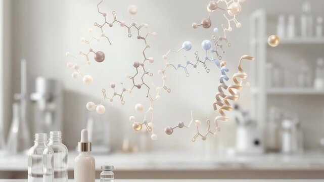 Two types of chemical structures float in the air above a lab table. Clear bottles and a dropper stand ready for use. The lab is bright and clean, showing a focus on science