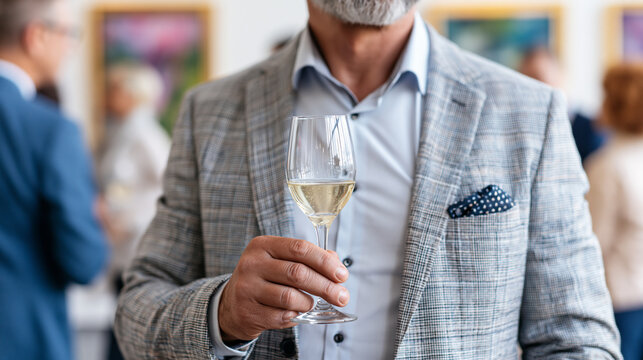 Faceless elegant crowd of smartly dressed people mingling and drinking champagne at modern art gallery exhibition opening reception, cultural networking event concept,