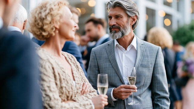 Faceless elegant crowd of smartly dressed people mingling and drinking champagne at modern art gallery exhibition opening reception, cultural networking event concept,