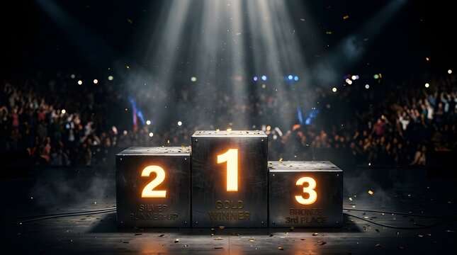 Victory podium with first second and third place awards in a stadium with a large audience