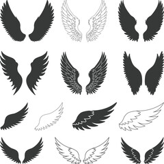 Fototapeta premium Angel Wings Elements Set Silhouette, Abstract feather wings icons set, bird wings Illustration for Symbol design